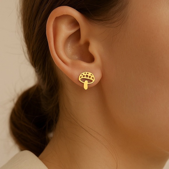 Gold Mushroom Earrings Gold Tone Stainless‎ Steel Funky Cute Stud Earrings Steel - Picture 2 of 6